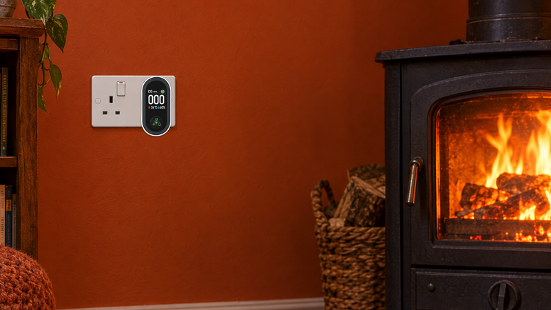 HALDEN CO monitor plugged into a wall socket in a terracotta living room with a wood burner