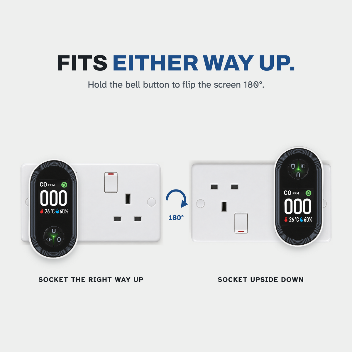 HALDEN CO monitor fits a UK double socket either way up; hold the bell button to flip the screen 180°