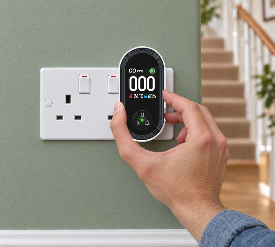 A hand plugging the HALDEN CO monitor into a UK double socket in a hallway