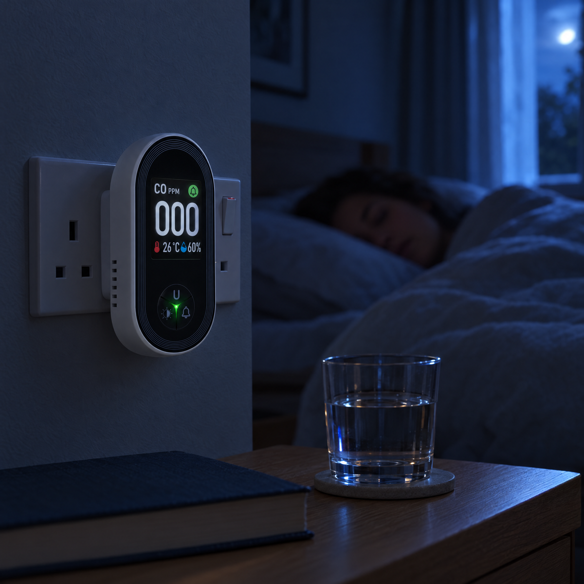 The monitor in a bedroom socket at night beside the bed