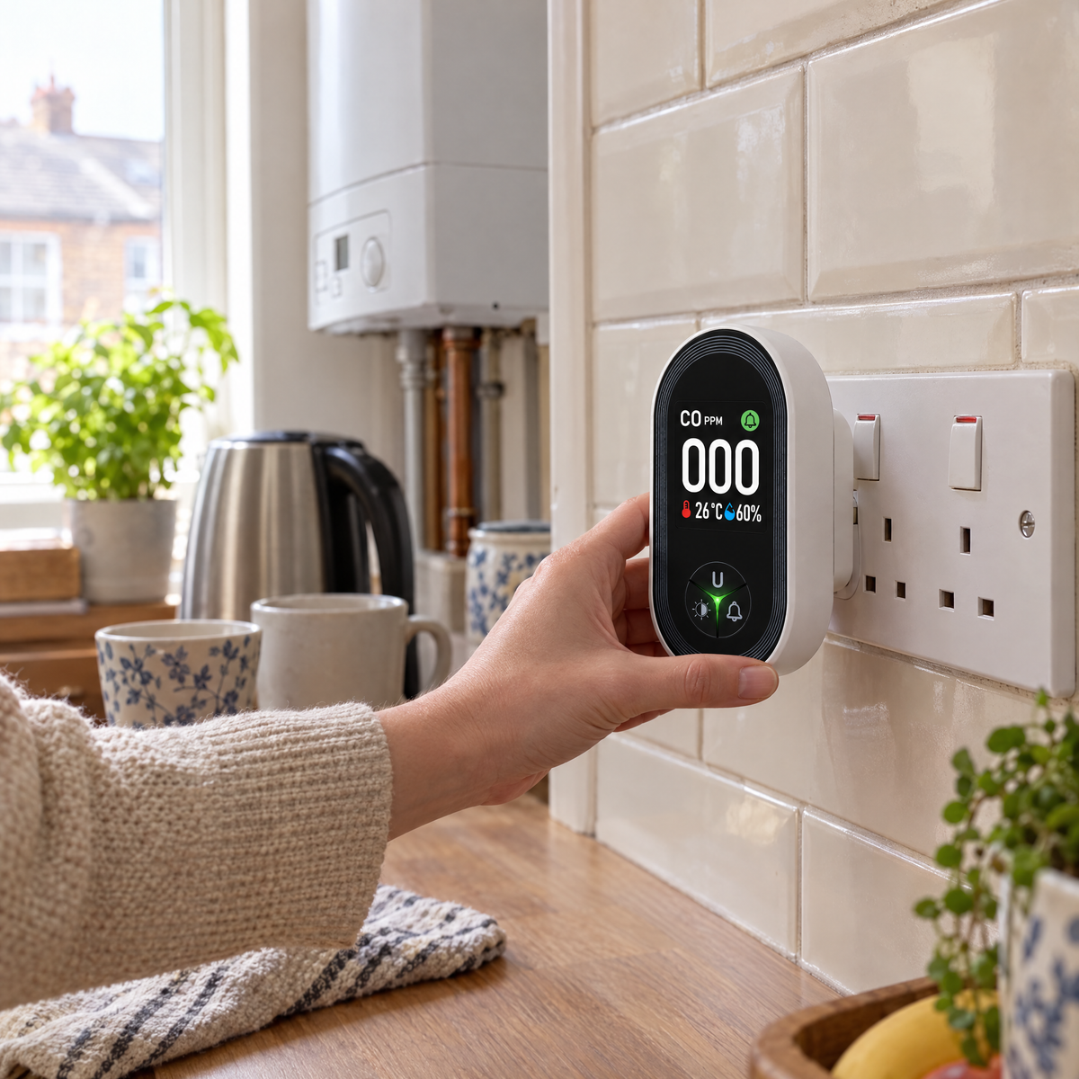 Plugging the monitor into a kitchen wall socket near a combi boiler