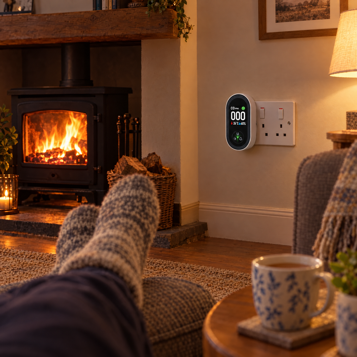 The monitor in a living room socket with a wood burner lit nearby