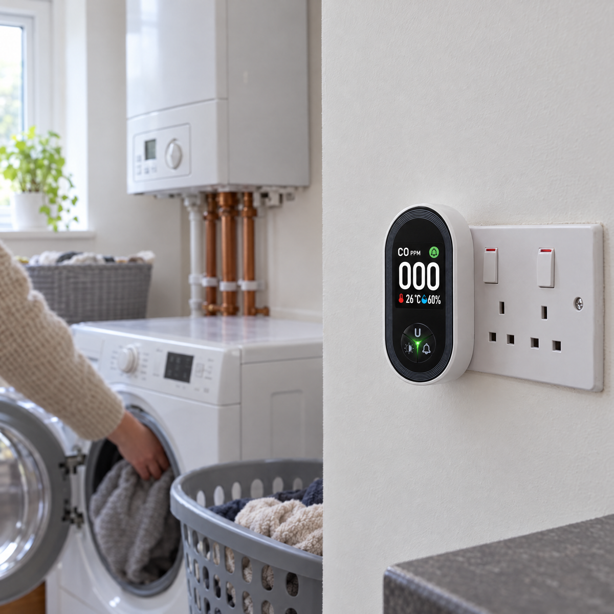 The monitor in a utility room socket near a wall-mounted gas boiler