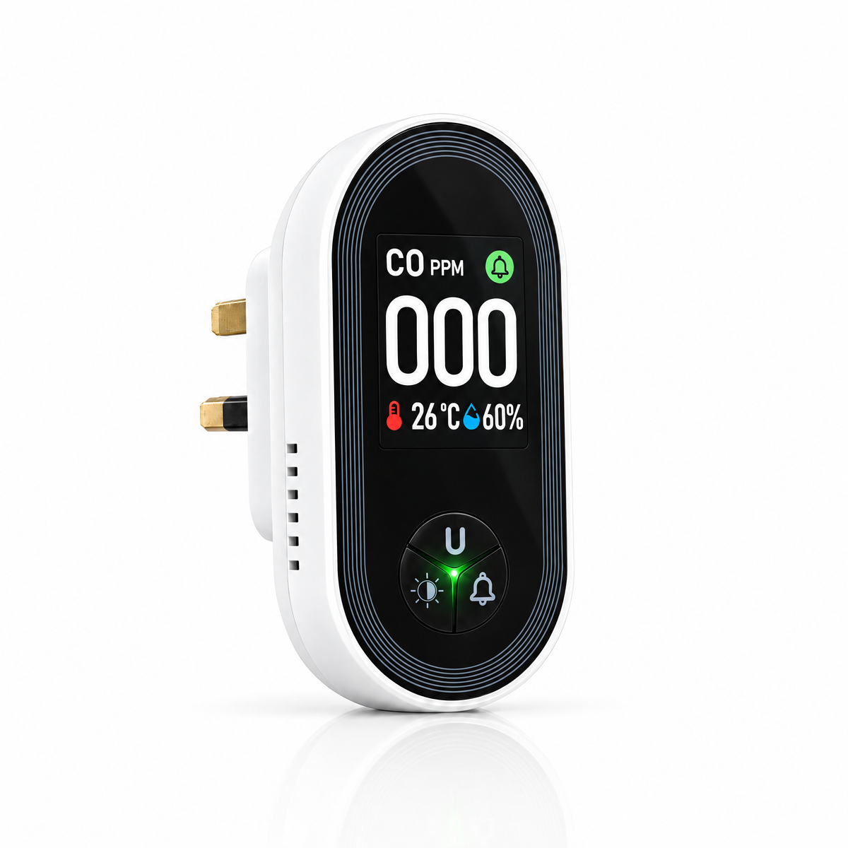 HALDEN plug-in carbon monoxide monitor with its colour screen showing 000 ppm, 26 °C and 60% humidity